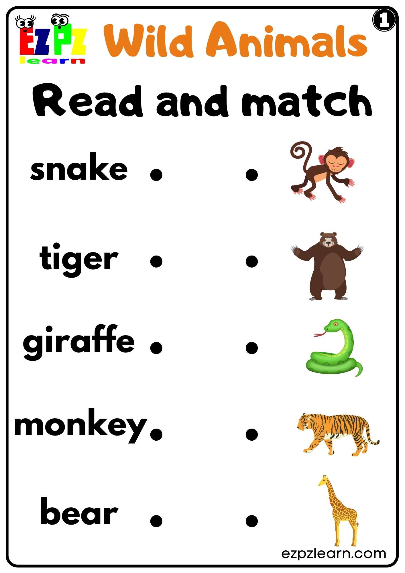 Wild Animals Read and Match Set 1 For kids and ESL PDF Download